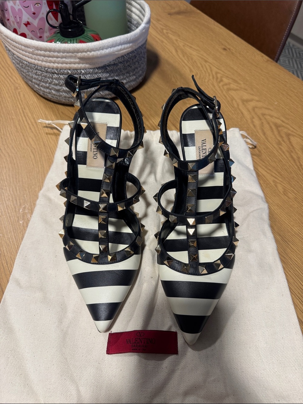 Valentino Black and White Striped Rockstud Pointed Pumps